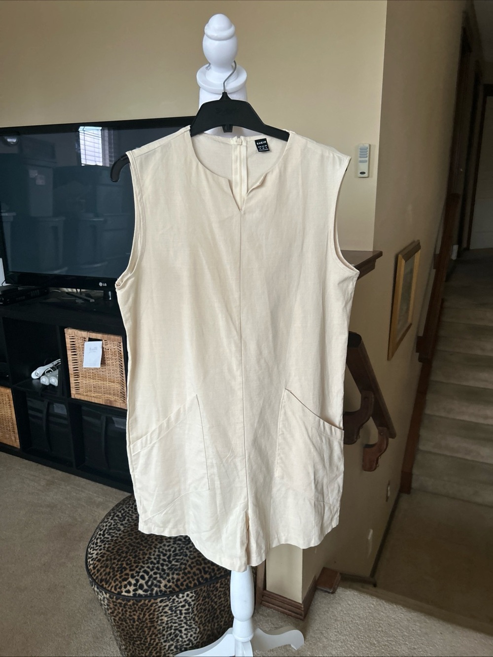 Sleeveless Cream Relaxed fit Romper with Front Pockets 100 % cotton Beach